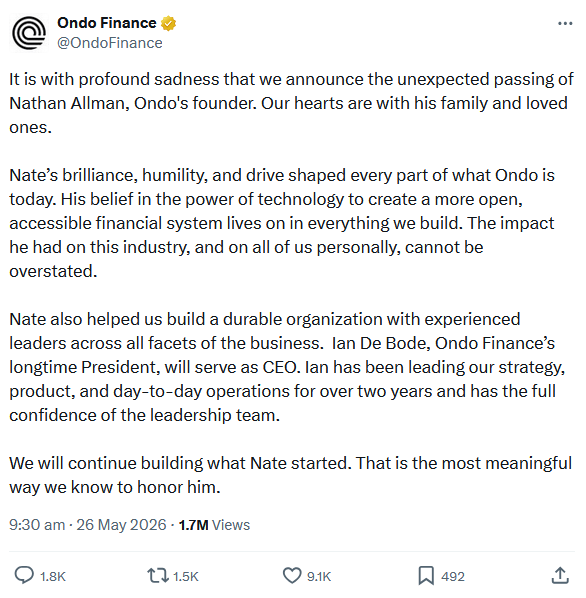 Ondo Finance Mourns Founder Nathan Allman As President Ian De Bode ...